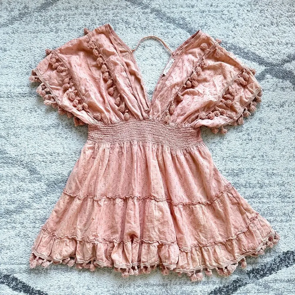 Z&L Europe Blush Pink Plunge Neck Tassel Mini Dress Cover Up Size L